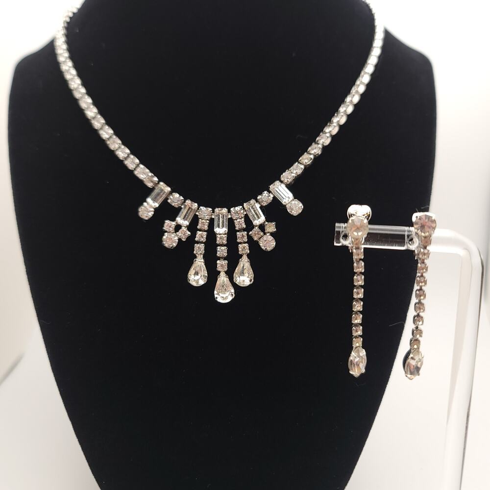 Vintage Clear Rhinestone Demi Parure Choker Necklace & Teardrop Dangle Clip-on